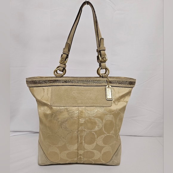 Coach Signature F06J-10390 Beaded Tote Bag In Canvas And Suede In Gold And Tan - Picture 1 of 15